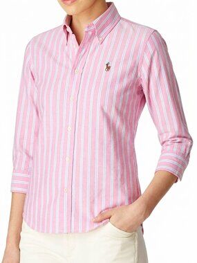 Vintage Ralph Lauren Blue Label Slim Fit Oxford Shirt Blue Pink Striped Womens 6